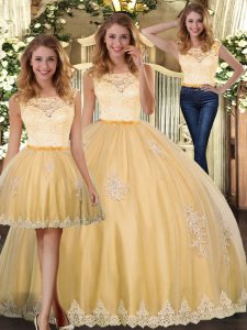 Fine Gold Sleeveless Tulle Clasp Handle Vestidos de Quinceanera for Military Ball and Sweet 16 and Quinceanera