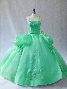 Customized Green Lace Up Quinceanera Dresses Appliques Sleeveless Floor Length