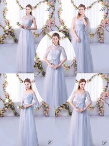 Amazing Grey Lace Up Wedding Guest Dresses Lace Cap Sleeves Floor Length