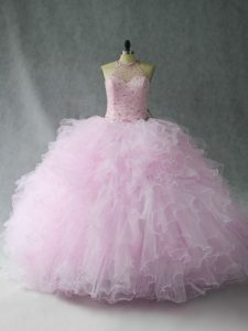 Fashion Tulle Sleeveless Floor Length Quince Ball Gowns and Beading and Ruffles