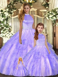 Lavender Ball Gowns Halter Top Sleeveless Tulle Floor Length Backless Beading and Ruffles 15th Birthday Dress