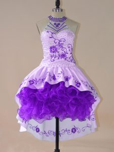 Purple Satin and Organza Lace Up Halter Top Long Sleeves High Low Prom Homecoming Dress Embroidery and Ruffles
