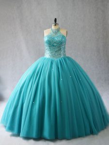 Affordable Aqua Blue Ball Gowns Halter Top Sleeveless Tulle Brush Train Lace Up Beading Sweet 16 Quinceanera Dress