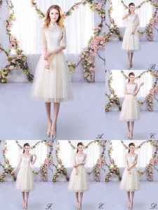 Champagne Half Sleeves Lace Tea Length Quinceanera Dama Dress