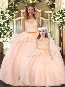 Customized Sleeveless Floor Length Lace Zipper Ball Gown Prom Dress with Peach