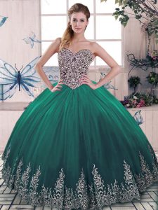 Green Tulle Lace Up Sweetheart Sleeveless Vestidos de Quinceanera Beading and Embroidery