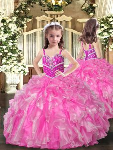 Discount Straps Sleeveless Kids Formal Wear Floor Length Beading and Ruffles Rose Pink Organza