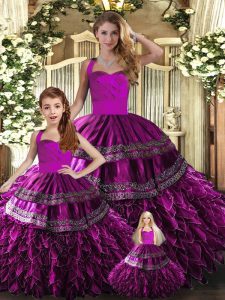 Fuchsia Ball Gowns Halter Top Sleeveless Organza Floor Length Lace Up Embroidery and Ruffles 15th Birthday Dress