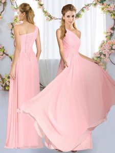 Edgy Baby Pink Sleeveless Floor Length Ruching Lace Up Vestidos de Damas
