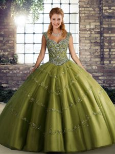 Superior Olive Green Ball Gowns Beading and Appliques Ball Gown Prom Dress Lace Up Tulle Sleeveless Floor Length