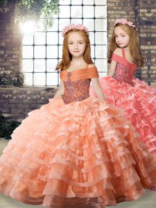 Brush Train Ball Gowns Kids Formal Wear Orange Straps Organza Long Sleeves Lace Up