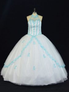 Sumptuous Blue And White Lace Up Halter Top Appliques Sweet 16 Dress Tulle Sleeveless