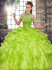 Graceful Olive Green 15 Quinceanera Dress Military Ball and Sweet 16 and Quinceanera with Beading and Ruffles Halter Top Sleeveless Lace Up