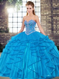 Cute Blue Lace Up Sweetheart Beading and Ruffles 15 Quinceanera Dress Tulle Sleeveless