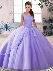 Designer Lavender Lace Up Quinceanera Gown Beading Sleeveless Brush Train