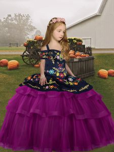 Straps Long Sleeves Lace Up Pageant Dress for Teens Fuchsia Tulle