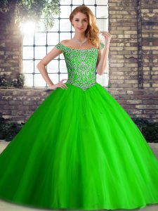 Best Selling Green 15th Birthday Dress Military Ball and Sweet 16 and Quinceanera with Beading Off The Shoulder Sleeveless Brush Train Lace Up