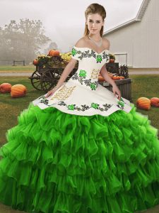 Free and Easy Floor Length Green 15 Quinceanera Dress Organza Sleeveless Embroidery and Ruffled Layers