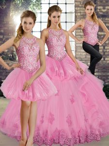 Discount Scoop Sleeveless Lace Up Quince Ball Gowns Rose Pink Tulle