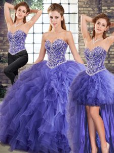 Simple Lavender Three Pieces Tulle Sweetheart Sleeveless Beading and Ruffles Floor Length Lace Up Quinceanera Dress