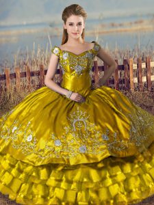 Dazzling Brown Off The Shoulder Lace Up Embroidery and Ruffled Layers Quinceanera Dresses Sleeveless