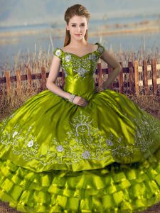 Delicate Off The Shoulder Sleeveless Lace Up Quinceanera Dress Olive Green Satin and Organza