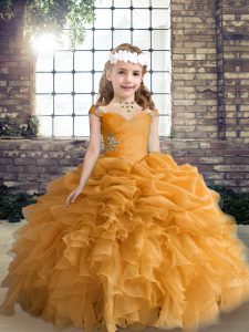 Exquisite Orange Organza Lace Up Straps Sleeveless Floor Length Glitz Pageant Dress Beading and Ruffles and Pick Ups