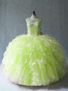 Amazing Floor Length Yellow Green Quinceanera Gown Scoop Sleeveless Lace Up