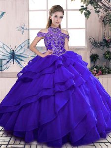 Chic Blue Lace Up Quinceanera Gown Beading and Ruffles Sleeveless Floor Length