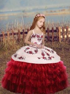 Red Organza Lace Up Straps Long Sleeves Floor Length Little Girls Pageant Dress Wholesale Embroidery and Ruffled Layers