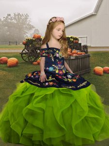 Embroidery and Ruffles Girls Pageant Dresses Olive Green Lace Up Sleeveless Floor Length