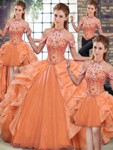 Luxury Orange Sleeveless Beading and Ruffles Floor Length Quince Ball Gowns