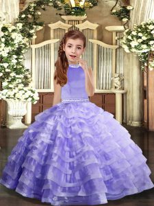 Halter Top Sleeveless Organza Little Girls Pageant Gowns Beading and Ruffled Layers Backless