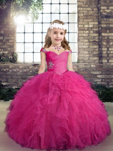 Trendy Tulle Straps Sleeveless Lace Up Beading and Ruffles Pageant Dress in Fuchsia
