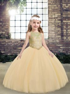 Peach Scoop Neckline Beading Little Girl Pageant Gowns Sleeveless Lace Up
