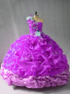 Sleeveless Floor Length Pick Ups and Hand Made Flower Lace Up Quinceanera Gowns with Purple