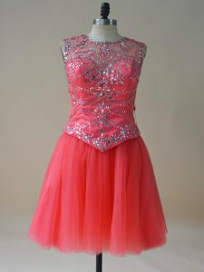 Fashionable Sleeveless Tulle Mini Length Lace Up Cocktail Dresses in Coral Red with Beading