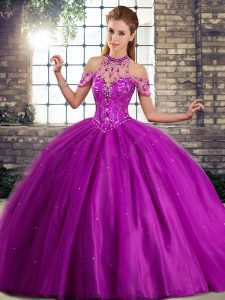 Purple Ball Gowns Beading Sweet 16 Dresses Lace Up Tulle Sleeveless