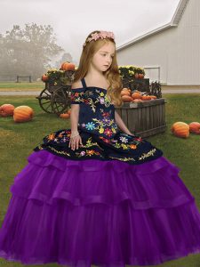 Dramatic Purple Ball Gowns Straps Sleeveless Tulle Floor Length Lace Up Embroidery and Ruffled Layers Little Girls Pageant Dress Wholesale