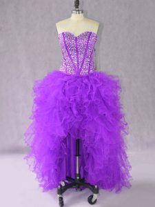 Inexpensive Sleeveless Organza High Low Lace Up Prom Evening Gown in Purple with Beading and Ruffles