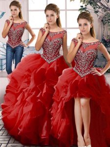 High End Sleeveless Floor Length Beading and Ruffles Zipper Sweet 16 Quinceanera Dress with Red