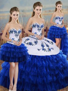 High Class Royal Blue Sweetheart Neckline Embroidery and Ruffled Layers and Bowknot Quinceanera Dress Sleeveless Lace Up