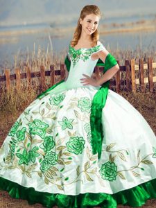 Sweet Green Ball Gowns Satin and Organza Off The Shoulder Sleeveless Embroidery Floor Length Lace Up Sweet 16 Dresses