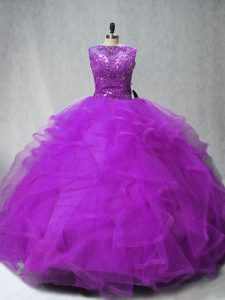 Captivating Purple Quince Ball Gowns Scoop Sleeveless Brush Train Lace Up