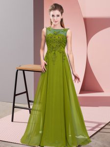 Olive Green Empire Chiffon Scoop Sleeveless Beading and Appliques Floor Length Zipper Dama Dress
