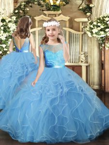 Baby Blue Scoop Neckline Ruffles Little Girl Pageant Gowns Sleeveless Backless