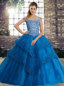 Inexpensive Blue Ball Gowns Beading and Lace Quinceanera Dress Lace Up Tulle Sleeveless