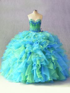 Artistic Sleeveless Lace Up Floor Length Beading and Ruffles Ball Gown Prom Dress