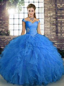 Pretty Blue Sleeveless Floor Length Beading and Ruffles Lace Up Quinceanera Gowns