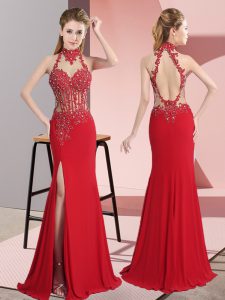 Charming Red Sleeveless Chiffon Backless Dress for Prom for Prom and Party and Military Ball